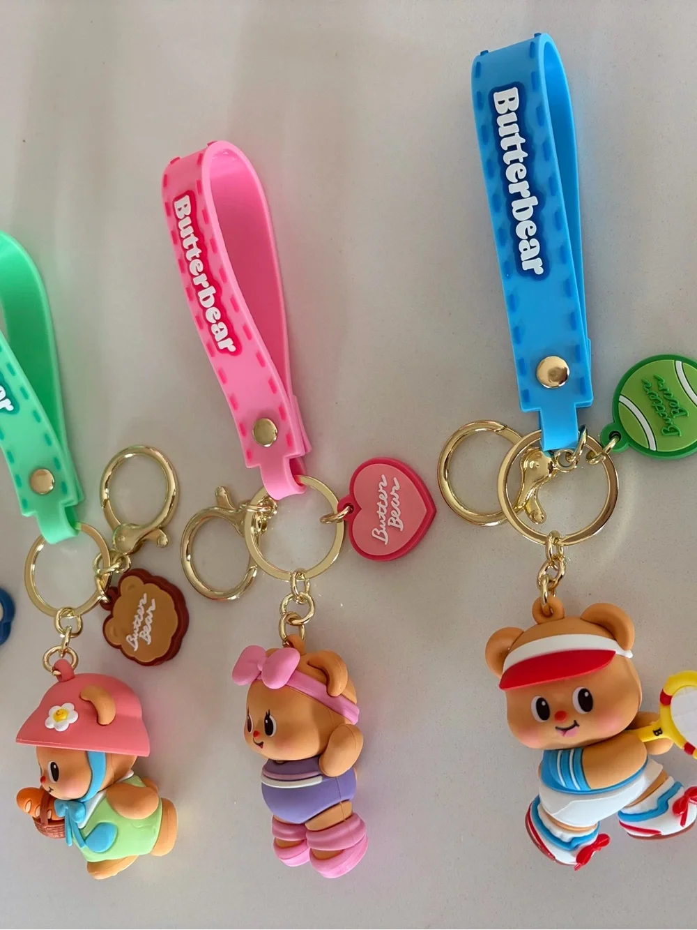 Adorable Butter Bear Keychain Set, Pink, Green, Blue Straps - Series 2 FULL SET